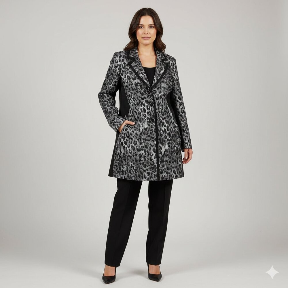 NEW DENNIS BASSO Contrast Longline Blazer Leopard Black/Silver Women Size 10